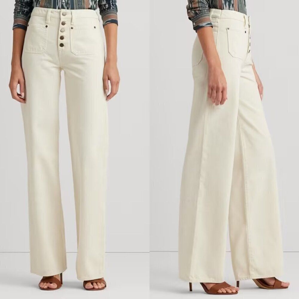 NWT Lauren Ralph Lauren High Rise Wide Leg Jeans in Natural Cream Sz. 16